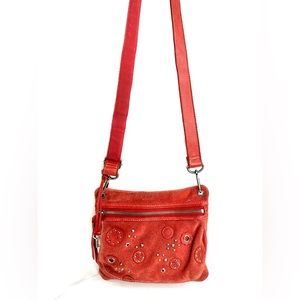 Fossil Red Suede Leather Small Crossbody Bag Purse Embellished Medallions Studs